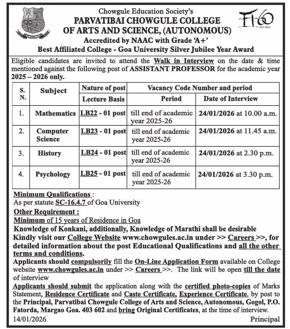 Parvatibai Chowgule College Of Arts And Science Recruitment